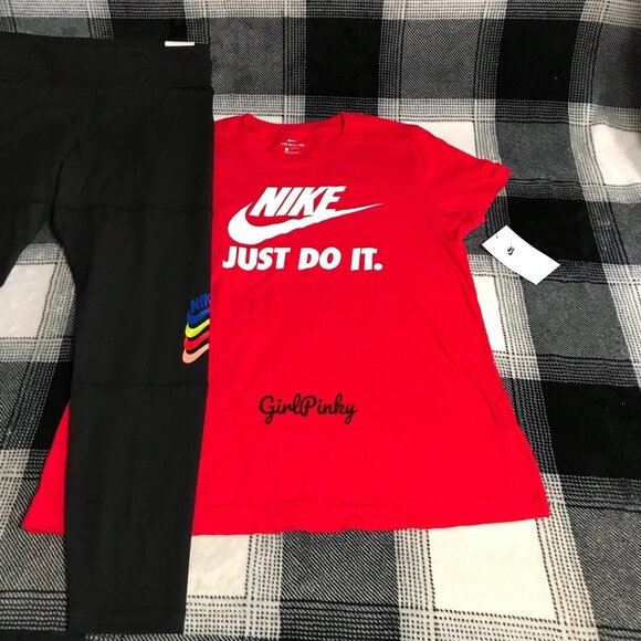 womens Nike leggings OUTFIT WITH RED SHORT SLEEVED LOGO TEE MEDIUM/LARGE - Picture 7 of 10